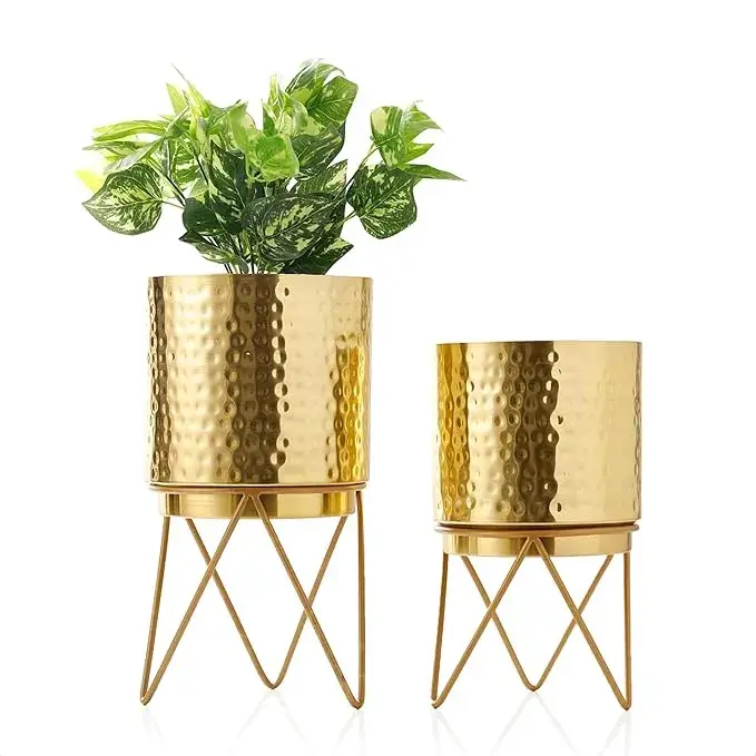 HomeShastra® Elle Gold Hammered Metal Planter Set with Stand on Amazon India