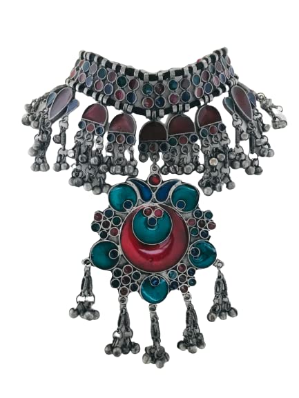 Afghani Bohemian Jewellery Choker Necklace with Large Pendant with Enamel Minakari Online on Amazon in India
