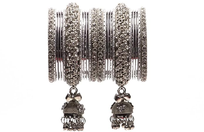 German Oxidised Silver Traditional Antique Jhumka Design Bangle Set Online in India