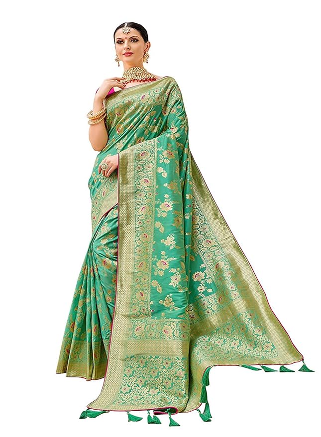 Women's Banarasi Silk Blend Zari Woven Work With Tussles Saree Online in India