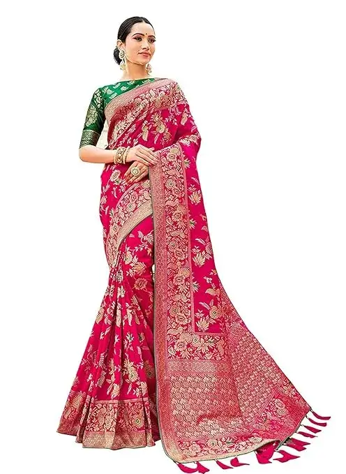 Monjolika Fashion Women's Banarasi Silk Blend Zari Woven Saree with Tussles and Jacquard Blouse Piece on Amazon India