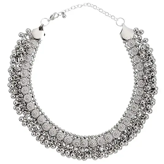 Oxidised Silver Non Precious Base Metal Cubic Zirconia Choker Necklace for Girls On Amazon India