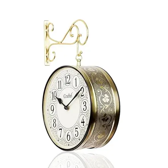 CRAFTEL Double-Sided Vintage Station Wall Clock in Shiny Gold on Amazon India