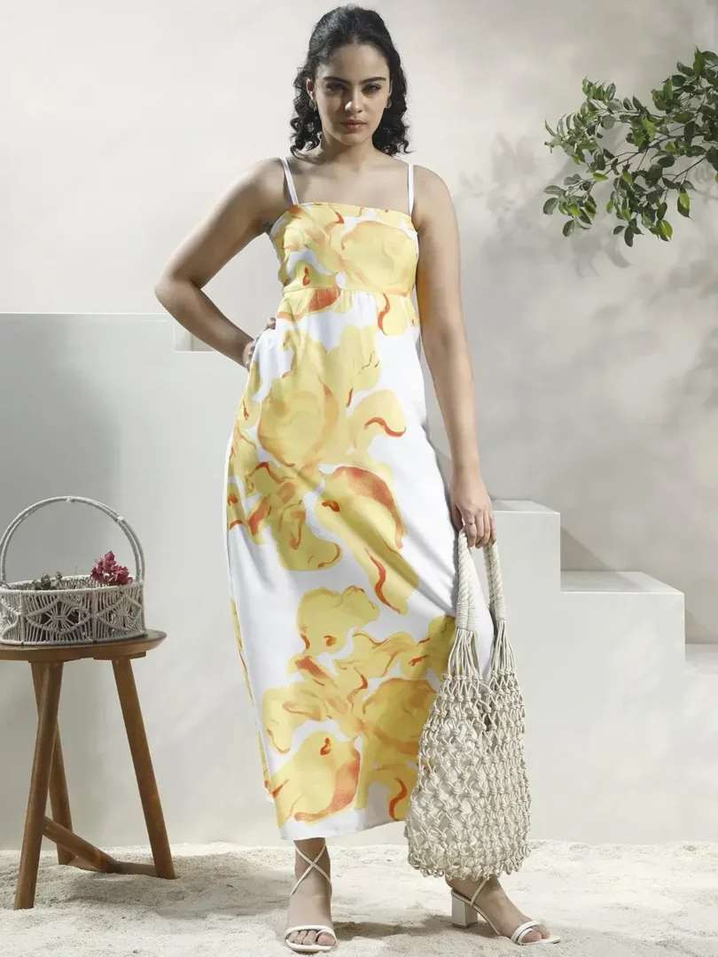 Floral Print Linen Fit & Flare Maxi Dress on Myntra