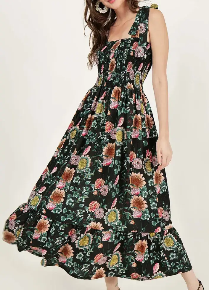 Floral Printed Smocked Maxi Dress on Myntra