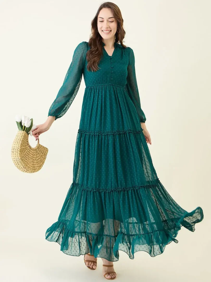 Green Solid Layered Maxi Dress