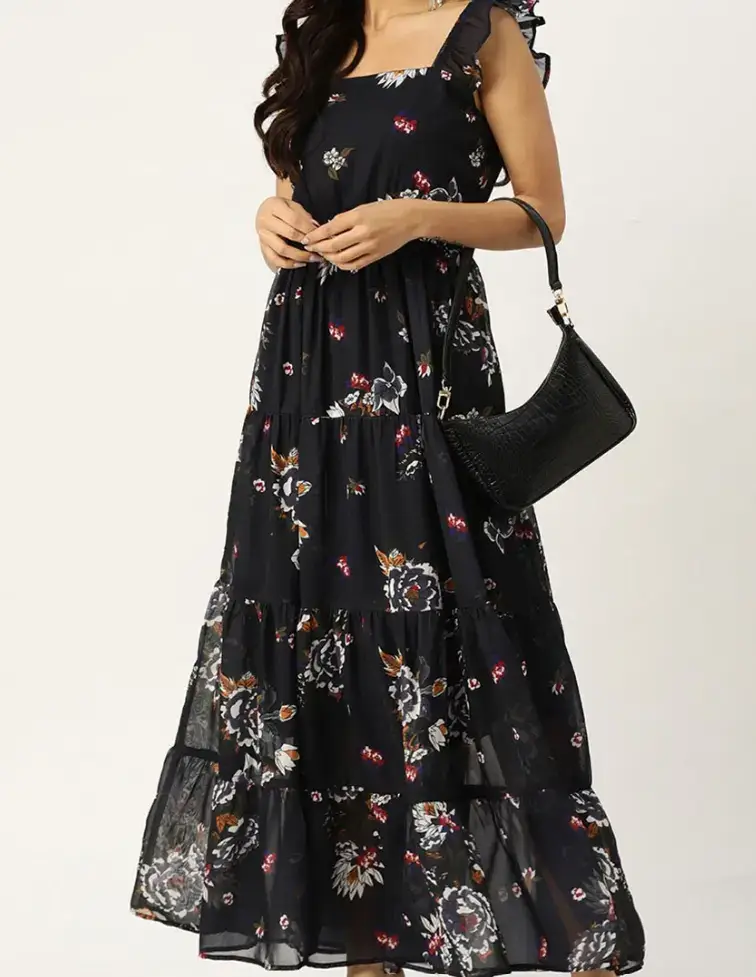 Navy Blue & White Floral Maxi Dress on Myntra