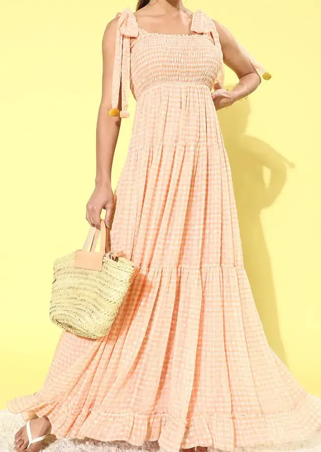Peach Checked Gingham Maxi Dress on Myntra