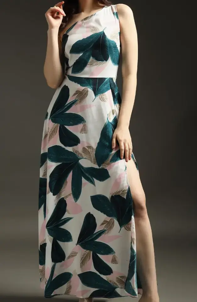 Floral Print One-Shoulder Crepe Maxi Dress on Myntra