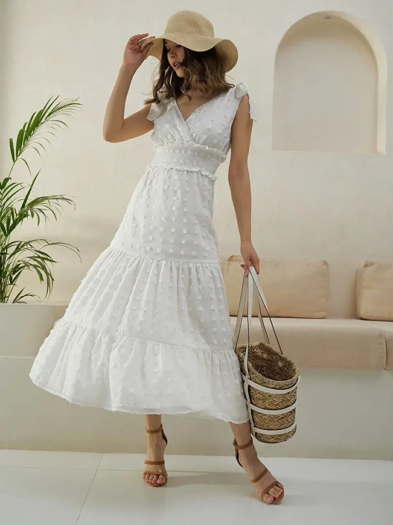 White Self Design V-Neck Smocked Maxi Dress on Myntra