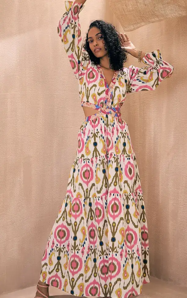 pink, and yellow Ikat print maxi dress on Myntra