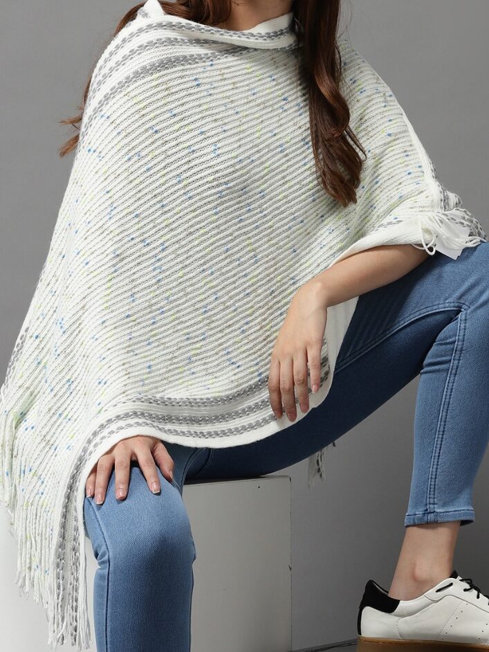 ShowOff Women Off White & Grey Wool Longline Poncho