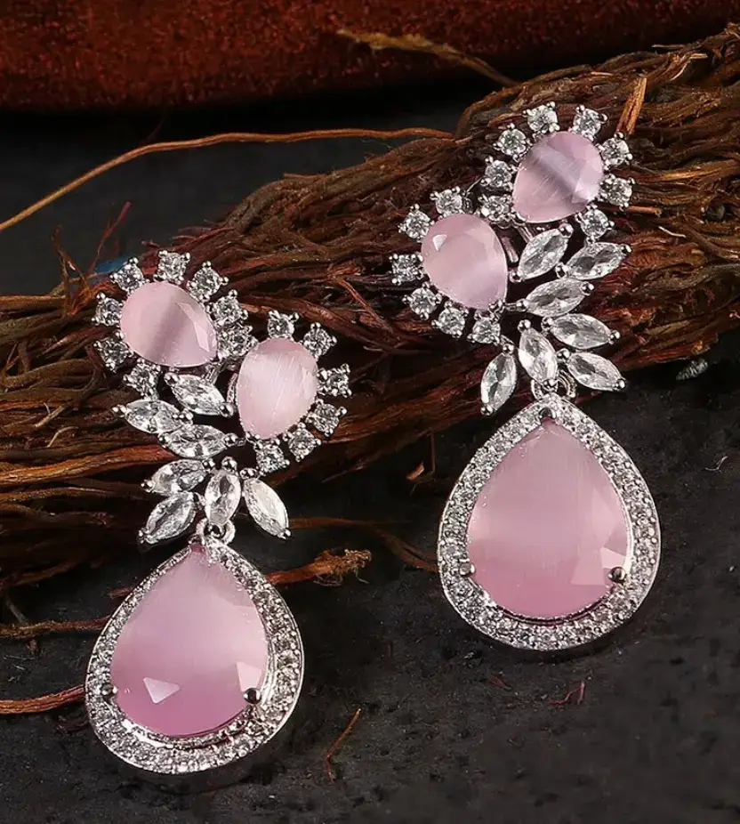 Silver-Plated Pink & White American Diamond Drop Earrings on Mytra
