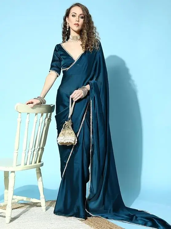 Women's Ready-to-Wear Regal Blue Satin Silk 1-Minute Pre-Pleated Mirror Saree on Amazon India